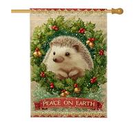 Drapeau de maison hérisson, couronne festive de Noël, houx, vert double face, en toile de jute décorative pour extérieur, pelouse, cour, patio, entrée 71,1 x 101,6 cm