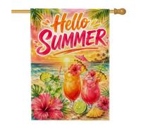 Drapeau de maison hibiscus, cocktails tropicaux d'été, coucher de soleil d'été, pêche, double face, en toile de jute décorative pour extérieur, cour, pelouse, terrasse, porte, entrée, 71,1 x 101,6 cm