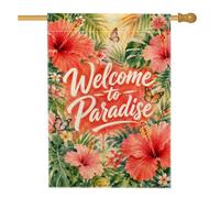 Drapeau de maison hibiscus, feuille de papillon tropicale vive vert d'été double face en toile de jute décorative pour extérieur, cour, pelouse, terrasse, porte, entrée, 71,1 x 101,6 cm