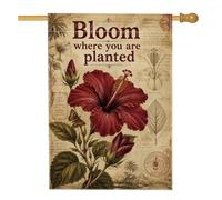 Drapeau de maison hibiscus, papillon botanique vintage, bouton de rose, toile de jute rouge printanière, double face, grand drapeau de jardin pour extérieur, cour, pelouse, terrasse, porte, entrée, 71