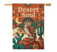 Drapeau de maison hibou, désert sud-ouest cactus lune automne terre cuite toile de jute double face avant porche drapeaux décoratifs pour extérieur, terrasse, pelouse, entrée, camping 71,1 x 101,6 cm