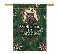 Drapeau de maison hibou, fleurs botaniques tropicales mangues d'été vert toile de jute double face pour extérieur, terrasse, pelouse, entrée, camping, 71 x 101,6 cm
