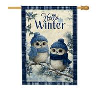 Drapeau de maison hiboux, écharpe d'hiver mignonne en toile de jute bleue double face décorative pour extérieur, terrasse, cour, pelouse, entrée, balcon, 71,1 x 101,6 cm