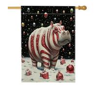 Drapeau de maison hippopotame de Noël 71,1 x 101,6 cm double face pour décoration extérieure, animal amusant de Noël en lin, drapeau de maison, vacances, faune sauvage, petit drapeau de pelouse