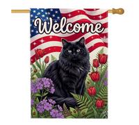 Drapeau de maison illustratif chat bienvenue patriotique 71,1 x 101,6 cm | Thème patriotique, drapeau de pelouse, tulipes rouges, phlox violet, décoration de cour, cadeau pour amoureux des chats