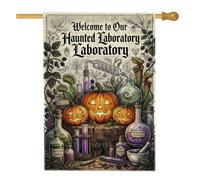 Drapeau de maison Jack-O'-Lanterns avec citation d'Halloween de laboratoire | Style vintage d'illustration scientifique, drapeau de cour, bouteilles de potion et équipement de laboratoire