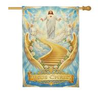 Drapeau de maison Jésus, anges religieux célestes escaliers spirituels bleus en toile de jute double face pour extérieur, cour, pelouse, terrasse, porte, entrée, 71,1 x 101,6 cm