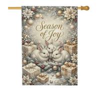 Drapeau de maison Lapin de Noël avec citation de la saison de la joie 71 x | Verdure d'hiver, drapeau de cour, boîtes cadeaux, fleurs de poinsettia, salutations saisonnières, décoration de cour