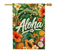 Drapeau de maison lézard, hibiscus tropical vibrant ananas en toile de jute verte d'été double face pour porche, extérieur, terrasse, cour, pelouse, entrée, balcon, 71,1 x 101,6 cm