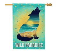 Drapeau de maison loup, nature, océan tropical, soleil, été, turquoise, double face, en toile de jute décorative pour extérieur, pelouse, cour, patio, entrée, 71,1 x 101,6 cm
