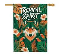 Drapeau de maison loup, perroquets tropicaux aux couleurs vives en toile de jute verte d'été double face pour extérieur, terrasse, cour, pelouse, entrée, balcon, 71 x 101 cm