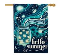 Drapeau de maison lucioles fantaisie en pot avec étoiles bleues d'été double face en toile de jute décorative pour extérieur, terrasse, pelouse, entrée, camping - 71 x 101 cm