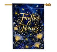 Drapeau de maison lucioles - Fleurs fantaisistes - Lune - Bleu été - Double face - En toile de jute - Pour extérieur, terrasse, cour, pelouse, entrée, balcon - 71 x 101 cm