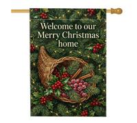 Drapeau de maison « Merry Christmas Cornucopia Welcome » 71,1 x 101,6 cm | Baies de houx, drapeau de pelouse, bâtons de cannelle, branches de pin, décoration de cour extérieure, panneau de bienvenue