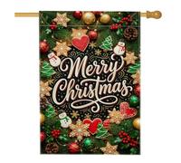 Drapeau de maison « Merry Christmas » en pain d'épice avec citation biscuit | Branches de pin, drapeau de pelouse, figurines de bonhomme de neige, baies rouges, boules décoratives, vœux de vacances
