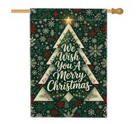 Drapeau de maison Merry Christmas Tree 71,1 x 101,6 cm | Motif d'arbre stylisé, drapeau de cour, texte d'écriture élégant, motifs flocons de neige, accents botaniques d'hiver