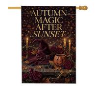 Drapeau de maison mystique avec citation d'automne et chapeau de sorcière | Chapeau de sorcière, drapeau de cour, lanterne, roses rouges, fond en bois rustique, thème d'automne magique