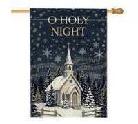 Drapeau de maison O Holy Night Church Thème Noël 71 x 101 cm | Forêt de pins enneigée, drapeau de pelouse, accents de partition musicale, silhouette nocturne étoilée, thème religieux