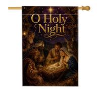 Drapeau de maison O Holy Night Scène religieuse de Noël 71 x 101 cm | Thème religieux, drapeau de pelouse, illustration de la Sainte Famille, étoile de Bethléem, scène traditionnelle de mangeoire