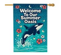 Drapeau de maison Orca - Hibiscus tropical - Lune d'été bleue - En toile de jute - Double face - Pour porche, extérieur, pelouse, cour, patio, entrée - 71 x 101 cm