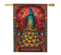 Drapeau de maison paon, art élégant, bienvenue en vitrail de bienvenue turquoise double face en toile de jute décorative pour extérieur, terrasse, pelouse, entrée, camping 71,1 x 101,6 cm
