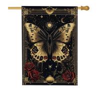 Drapeau de maison papillon, roses mystiques gothiques sans soleil noir double face en toile de jute pour extérieur, cour, pelouse, terrasse, porte, entrée, 71,1 x 101,6 cm