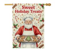 Drapeau de maison Père Noël 71 x 101 cm | Biscuit en pain d'épices, drapeau de pelouse, baies de houx, canne à sucre, bâtons de cannelle, thème de cuisson d'hiver