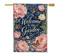 Drapeau de maison pivoine, papillon botanique printanier, tulipes printanières, pêche, toile de jute double face, drapeaux décoratifs pour extérieur, terrasse, cour, pelouse, entrée, balcon, 71 x 101