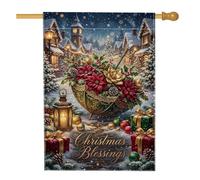 Drapeau de maison Poinsettia de Noël Bénédictions de Noël 71 x 101 cm | Scène de village d'hiver, drapeau de pelouse, composition florale de parapluie, lanterne lumineuse, boîtes cadeaux