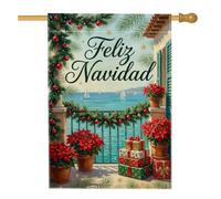 Drapeau de maison Poinsettia de Noël côtier 71,1 x 101,6 cm | Vue sur balcon côtier, drapeau de pelouse, plantes de poinsettia, boîtes cadeaux de vacances, architecture méditerranéenne