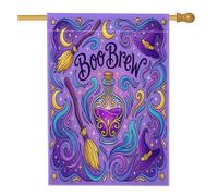 Drapeau de maison potion, chapeau de sorcière fantaisie festif, balai, violet, double face, en toile de jute pour extérieur, terrasse, pelouse, entrée, camping, 71,1 x 101,6 cm