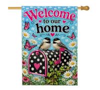 Drapeau de maison pour boîte aux lettres, oiseaux fantaisistes, papillons, printemps bleu, double face, en toile de jute décorative pour extérieur, cour, pelouse, terrasse, porte, entrée, 71,1 x 101,6