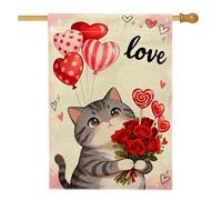 Drapeau de maison pour chat - Ballons mignons - Cœurs - Rouge - Double face - En toile de jute - Pour extérieur, cour, pelouse, terrasse, porte, entrée - 71 x 101 cm
