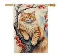 Drapeau de maison pour chat, branche de cerisier nature fantaisie, branche de fleurs de cerisier, orange, double face en toile de jute pour extérieur, pelouse, cour, patio, entrée 71,1 x 101,6 cm