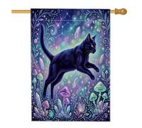 Drapeau de maison pour chat, champignons fantastiques avec cristaux cosmiques violets en toile de jute double face pour extérieur, pelouse, cour, patio, entrée 71,1 x 101,6 cm