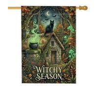Drapeau de maison pour chat, chaudron vintage fantaisiste champignons d'Halloween vert double face en toile de jute pour porche, extérieur, terrasse, pelouse, entrée, camping, 71,1 x 101,6 cm