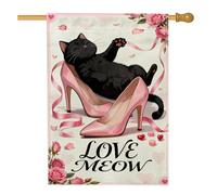 Drapeau de maison pour chat, fantaisie romantique à talons hauts, roses, Saint-Valentin, pêche, toile de jute double face, grand drapeau de jardin pour extérieur, cour, pelouse, terrasse, porte
