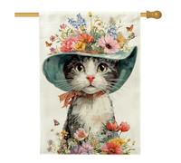 Drapeau de maison pour chat, fleurs artistiques fantaisistes, papillons, vert printemps, double face, en toile de jute décorative pour extérieur, porche, terrasse, pelouse, entrée, camping, 71 x 101,6