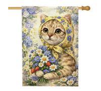 Drapeau de maison pour chat, fleurs vintage fantaisie, fraises, printemps jaune, toile de jute double face décorative pour extérieur, pelouse, cour, patio, entrée 71,1 x 101,6 cm