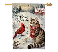 Drapeau de maison pour chat - Flocons de neige cardinaux fantaisistes - Rouge hiver - Double face en toile de jute - Pour porche, extérieur, terrasse, cour, pelouse, entrée, balcon - 71 x 101 cm