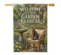 Drapeau de maison pour chat, jardin, nature, bain d'oiseaux, fleurs, vert printemps, double face, toile de jute extérieur, grand drapeau de jardin pour extérieur, cour, pelouse, terrasse, porte