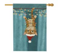 Drapeau de maison pour chat - Lumières de Noël fantaisistes - Chapeau de Père Noël - Toile de jute bleue - Double face - Drapeaux décoratifs pour extérieur, terrasse, pelouse, entrée, camping - 71 x