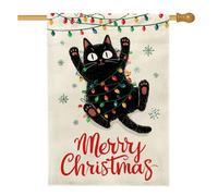 Drapeau de maison pour chat, lumières de Noël ludiques flocons de neige noires double face en toile de jute décorative pour extérieur, terrasse, cour, pelouse, entrée, balcon, 71,1 x 101,6 cm
