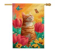 Drapeau de maison pour chat, motif tulipes fantaisie, papillon, printemps, orange, double face, en toile de jute pour porche, extérieur, terrasse, cour, pelouse, entrée, balcon, 71 x 101 cm