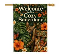 Drapeau de maison pour chat, papillon botanique tropical, hibiscus, vert d'été, double face, en toile de jute pour porche, extérieur, pelouse, cour, patio, entrée, 71,1 x 101,6 cm