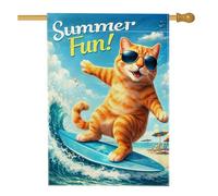 Drapeau de maison pour chat, planche de surf estivale ludique, vagues d'été bleu toile de jute double face, drapeaux décoratifs pour extérieur, cour, pelouse, patio, porte, entrée, 71,1 x 101,6 cm