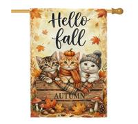 Drapeau de maison pour chatons, fantaisie, rustique, citrouilles, feuilles, orange, double face, en toile de jute pour porche, extérieur, terrasse, pelouse, entrée, camping, 71,1 x 101,6 cm