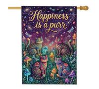 Drapeau de maison pour chats, champignons colorés fantaisie, fleurs violettes printanières, double face, en toile de jute décorative pour extérieur, pelouse, cour, patio, entrée 71,1 x 101,6 cm