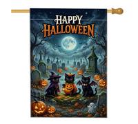 Drapeau de maison pour chats, citrouilles effrayantes fantaisie, cimetière, Halloween, noir, double face, en toile de jute décorative pour extérieur, pelouse, cour, terrasse, entrée, 71,1 x 101,6 cm