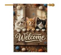 Drapeau de maison pour chats, papillons accueillants ludiques en fil de laine marron saisonnier double face en toile de jute décorative pour extérieur, cour, pelouse, terrasse, porte, entrée, 71,1 x